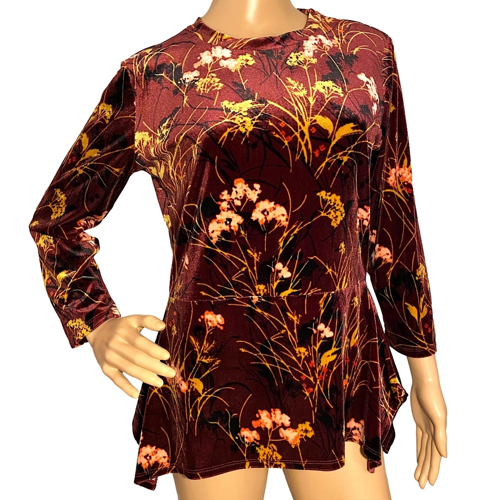 IVANKA TRUMP  | BURGUNDY / MAROON FLORAL VELVET PEPLUM TOP  SZ S